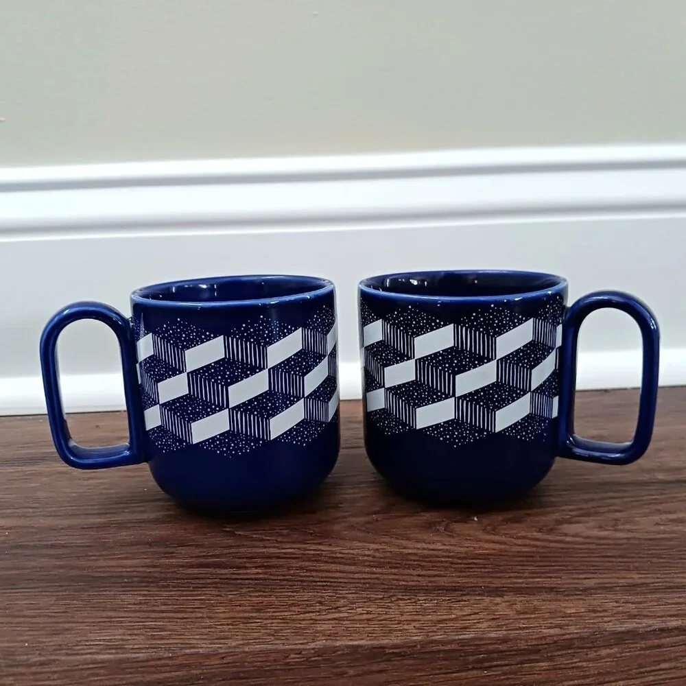 Set of‎ 2 Teavana Starbucks Tea Mug Cups 2016 Blue & White Block Design 8 Oz